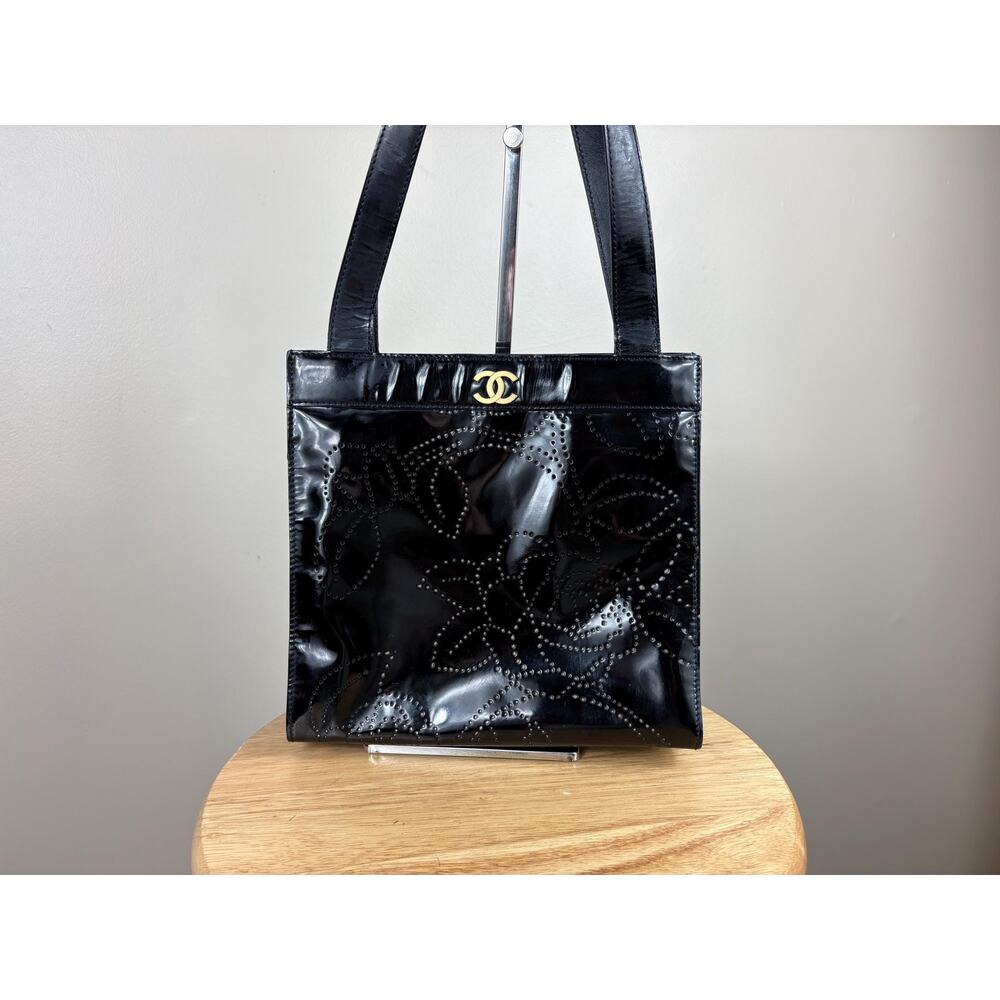 Authentic Chanel Vintage Patent Leather Camellia Magnetic Tote Bag w/ COA